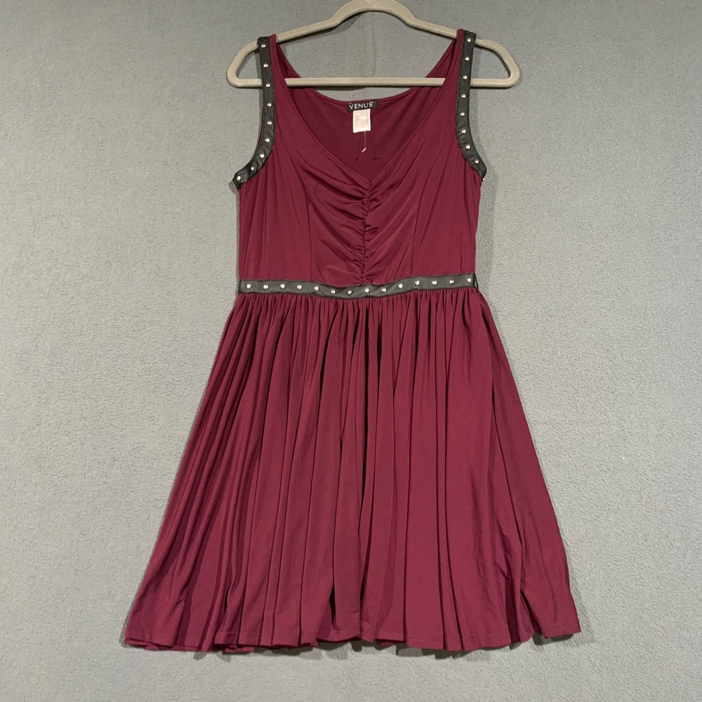 Venus Womens Burgundy Studded Faux Leather Trim Ruched Fit & Flare Dress Size 8